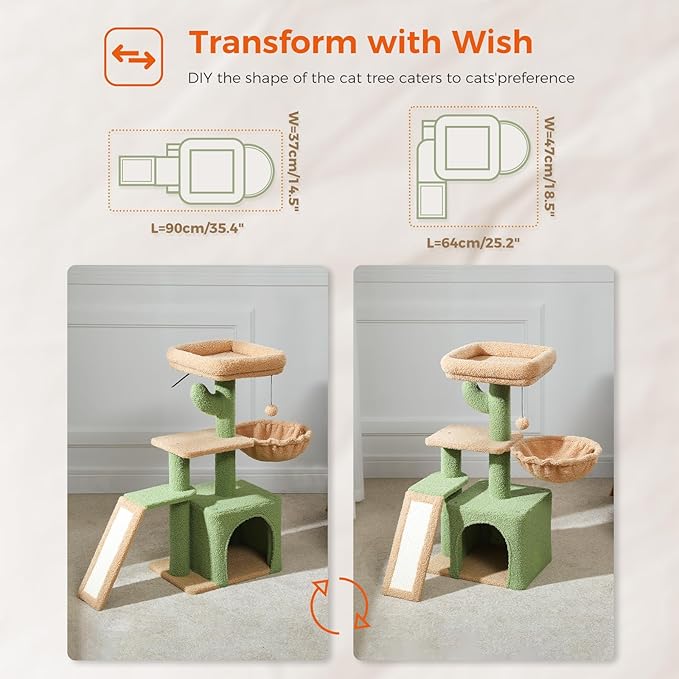 PETEPELA Cactus Cat Tree for Indoor Cats, 32'' Small Cat Tower Cat Condo with Sisal Scratching Ramp, Cozy Hammock and Removable Top Bed Perch for Kittens, Green