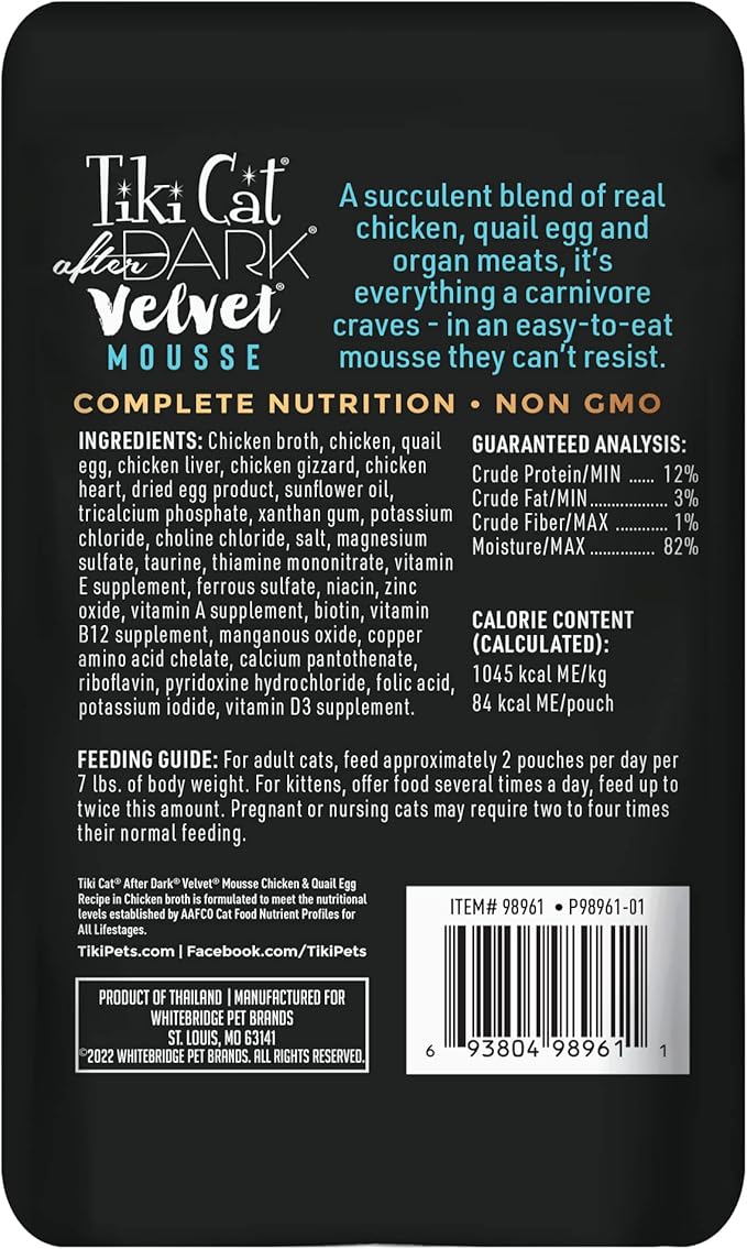 Tiki Cat After Dark, Velvet Mousse, Chicken & Quail Egg Recipe in Chicken Broth, Grain & Potato Free Formula, with High Protein & Nutrient Dense Blended Organ Meat, 2.8 oz. Pouch (Pack of 12)