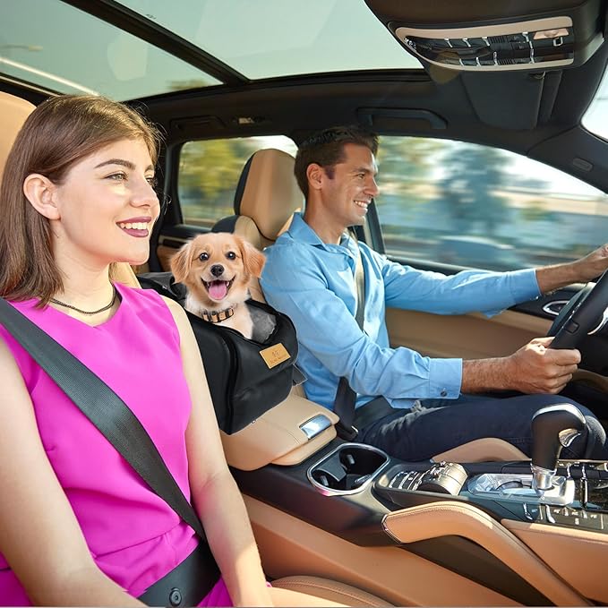 Multipurpose Console Dog Car Seat for Small Dogs & Cats， Portable Pet Carrier with Safety Tether & Storage Pockets (Black, Middle)