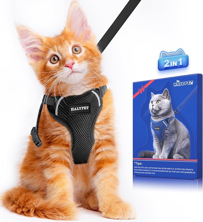 Halypet Cat Harness and Leash Set [ MAX Safety Third Generation ] Escape Proof Soft Adjustable Cat Leash Breathable Comfortable Vest Easy to Wear Kitten Harness for Outdoor Walking