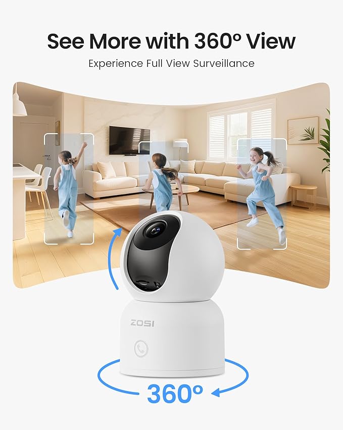 ZOSI 4K Indoor Security Camera, C518 WiFi Pan/Tilt Pet/Dog/Baby Plug-in IP Camera, Auto Tracking, AI Human/Face/Pet Detection, 360° View, Night Vision, 2-Way Audio, 5GHz/2.4GHz WiFi, 64G Memory Card
