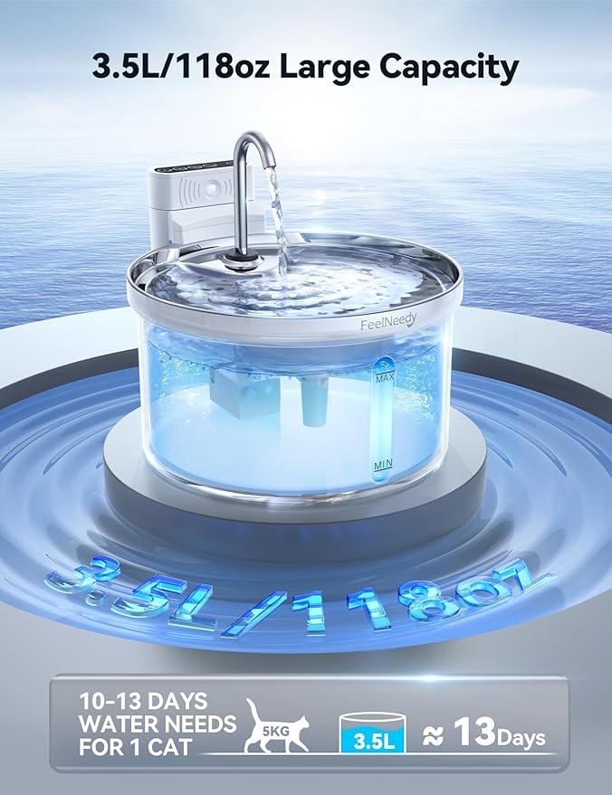 Wireless Cat Water Fountain with Sensor [Water & Battery Separation] FEELNEEDY Smart Pet Water Fountain, 3.5L/118oz 4000mAh Battery Operated Water Fountains for Cats Dogs + 6 Filters