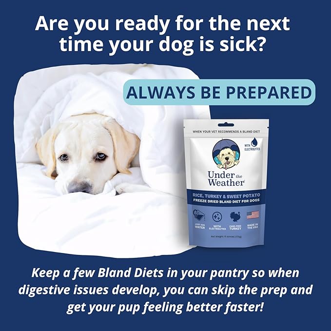 Under the Weather Bland Diet for Dogs | Easy to Digest for Sick Dogs |Always Be Ready| Contains Electrolytes - All Natural Freeze Dried 100% Human Grade Meats| 6 Pack- Rice Turkey & Sweet Potato - 6oz