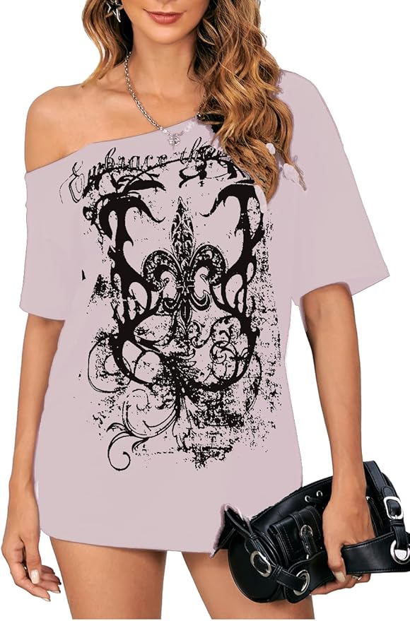 SOLY HUX Women's Off The Shoulder Tops Graphic Tees Y2k Vintage Gothic Oversized T Shirts Streetwear