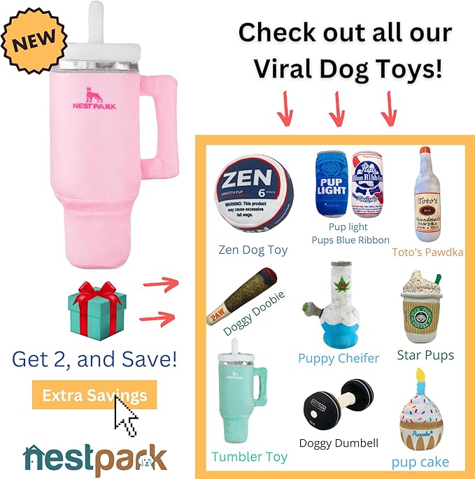 Nestpark Tumbler Cup Funny Dog Toy - Parody Plush Squeaky Crinkle Dog Toy (Pink Dusk)