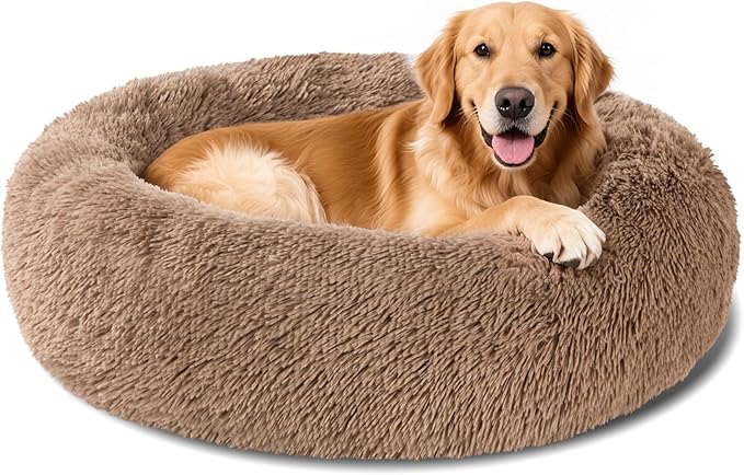 Dog Calming Beds for Small Medium Large Dogs - Round Donut Washable Dog Bed, Anti-Slip Faux Fur Fluffy Donut Cuddler Anxiety Cat Bed(36" Khaki)