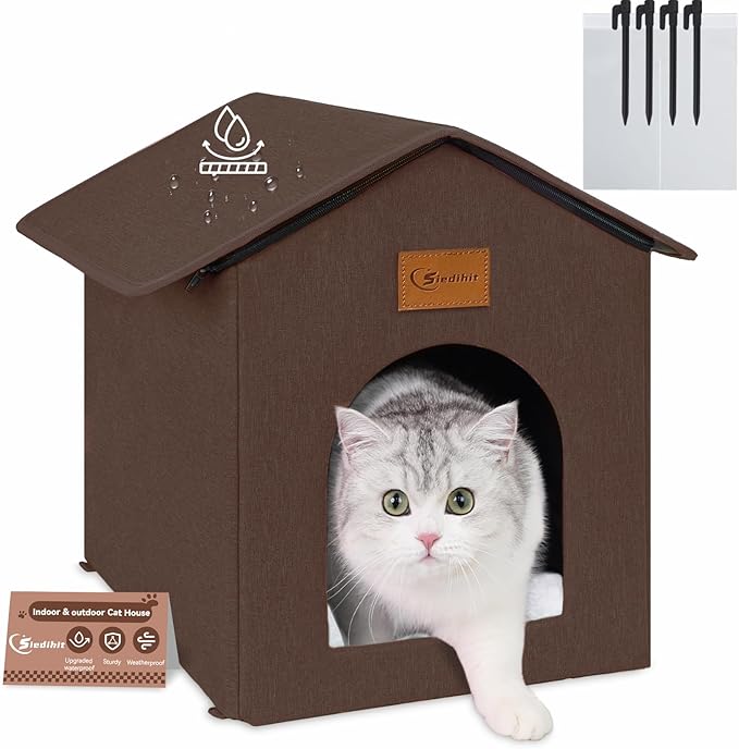 Outdoor Cat House for Shelter Feral Cat, Outside Waterproof Cat House for Outdoor/Indoor Cats, Insulated Cat Bed for All Seasons with Cozy Cushion (Brown, Zip Style)