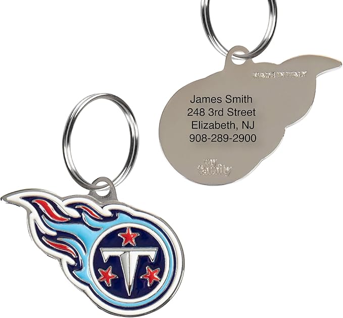 NFL Tennessee Titans Engraving Pet ID Tag in 32 Team Logo Shapes - Personalized Dog and Cat Tags With 3 Lines of Customizable Text for Tracking & Safety - Stainless Steel