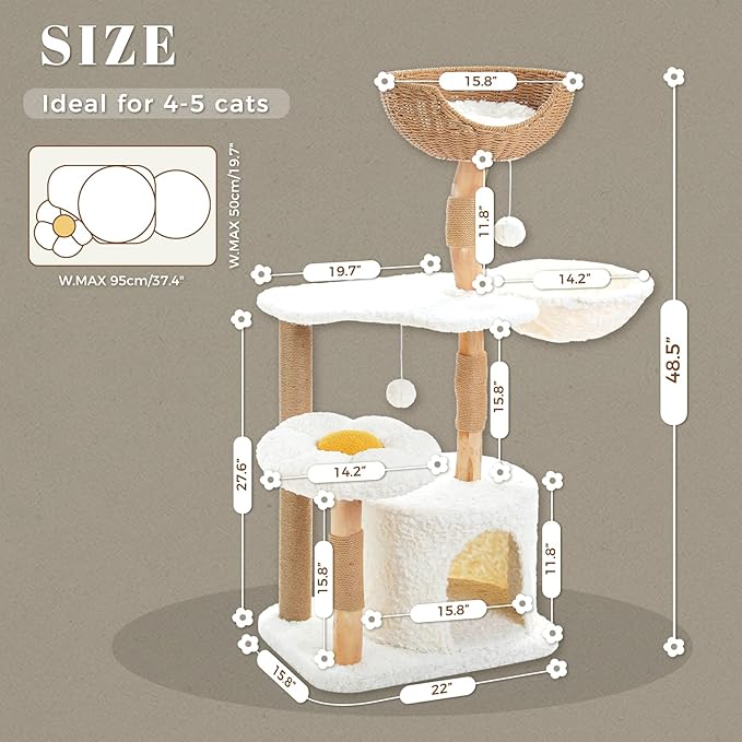 PETEPELA Cat Tree for Large Cats, 48.5" Natural Solid Wood Cat Tower with Big Rattan Basket, Cozy Condo & Flower Cat Tree with Large Perch for Indoor Cats, Kittens, White