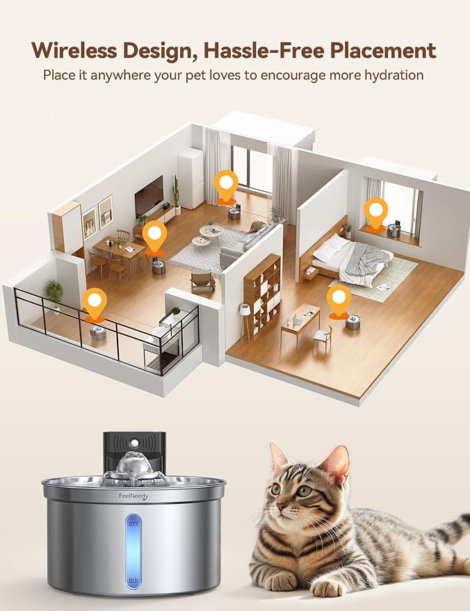 Wireless Stainless Steel Cat Water Fountain- Safe Water-Electric Isolation, 3.5L Capacity with 4000mAh Detachable Battery, XL Filter, Ultra-Quiet Pump, Battery Operated Smart Sensing for Cats & Pets