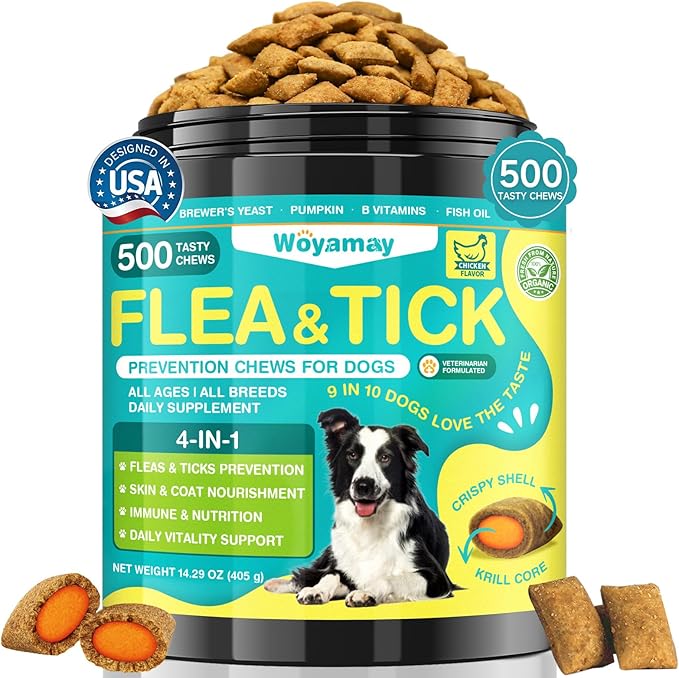 4-IN-1 Flea and Tick Prevention for Dogs, 500 Crunchy Dog Flea Chews, Dog Flea Treatment, Natural Oral Flea Treatment for Dogs, Daily Support for Flea, Skin & Coat, Gut, Immune, Chicken Flavor