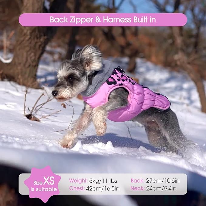 FUAMEY Dog Coat for Large Dogs,Waterproof Dog Winter Jacket with Harness Built in Puppy Cold Weather Coats Reflective Pet Vest with Zipper Warm Fleece Dogs Snowsuit Windproof Pink Leopard L