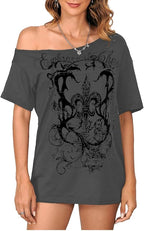 SOLY HUX Women's Off The Shoulder Tops Graphic Tees Y2k Vintage Gothic Oversized T Shirts Streetwear