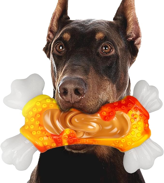 Dog Toys for Aggressive Chewers, Indestructible Dog Chew Toy for Large Dogs, Tough Dog Toys to Keep Them Busy for Small Medium Large Breed, Dog Chew Bone Toy, Bacon Flavor (Orange Bone)