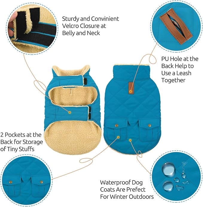 Queenmore Dog Winter Coat Warm Puffer Jacket Waterproof Plush Lining Thermal Cold Weather Vest for Small Medium Large Dogs, Windproof Easy On Pet Jacket Blue XS