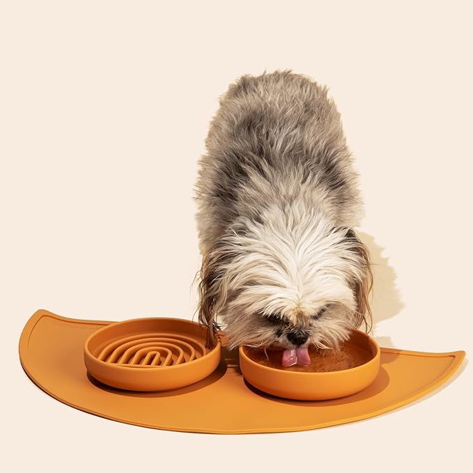 The Slowdown Bowl Silicone Slow Feeder for Cats & Dogs, Slow Eating Mealtime Solution with Modern Lick Mat Design, Reduces Gulping, Fits 1 Cup 6” Across x 1.25” Tall, Small-Tan