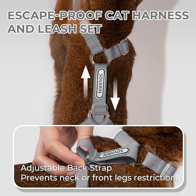 Cat Harness and Leash Set - Grey Lightweight Soft Kitten Harness Escape Proof, Adjustable Travel Pet Harness for Walking，Easy Control Comfortable Outdoor (Grey, One Size Fits All)