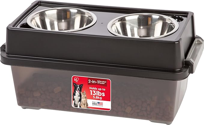 IRIS USA Elevated Dog Bowls with Storage, 9" H Raised Bowl for Small Dogs, Airtight Pet Food Storage Holds Up to 13 lbs, at Home or Camping, Smoke/Black