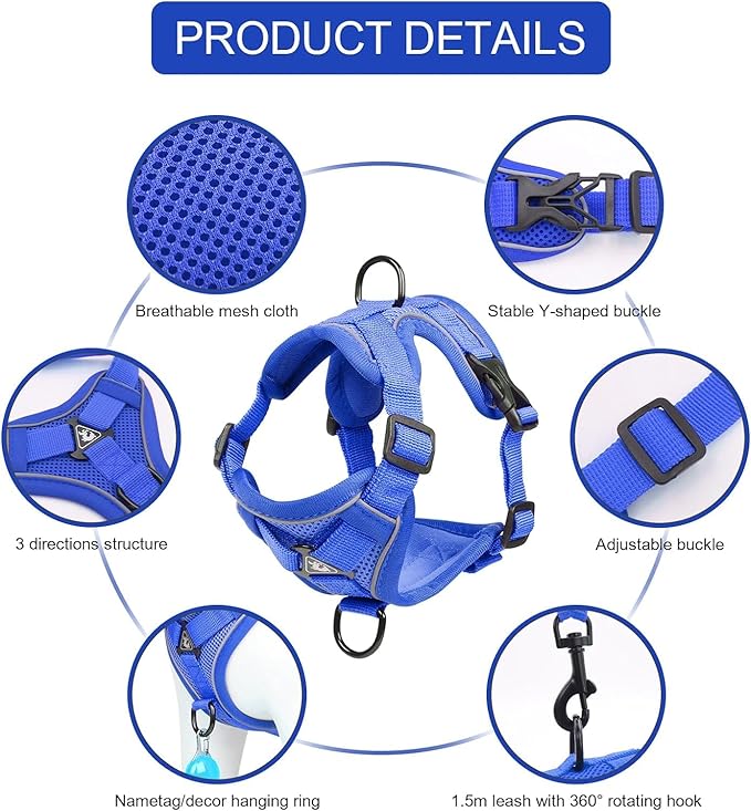 Vest Harness Leash Set for Small Dog Large Cat, Upgraded Escape Proof Adjustable Jacket with Lead for Puppy Fat Cat Outdoor Walking, Soft Breathable Mesh Coat with Reflective Strip XL Klein Blue