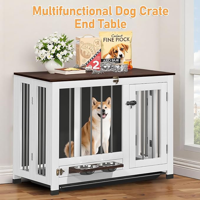 Dog Crate - 39.4" Dog Kennel Furniture with 360° Rotating Feeder & Removable Tray | Versatile Indoor Dog Cage End Table for Medium & Large Dogs, White Wooden Dog Crates for Living Room