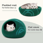 MEOWFIA Cat Cave – Premium Felt Cat Bed for Indoor Cats, Handmade 100% Merino Wool (Dark Shades) (Large, Emerald)