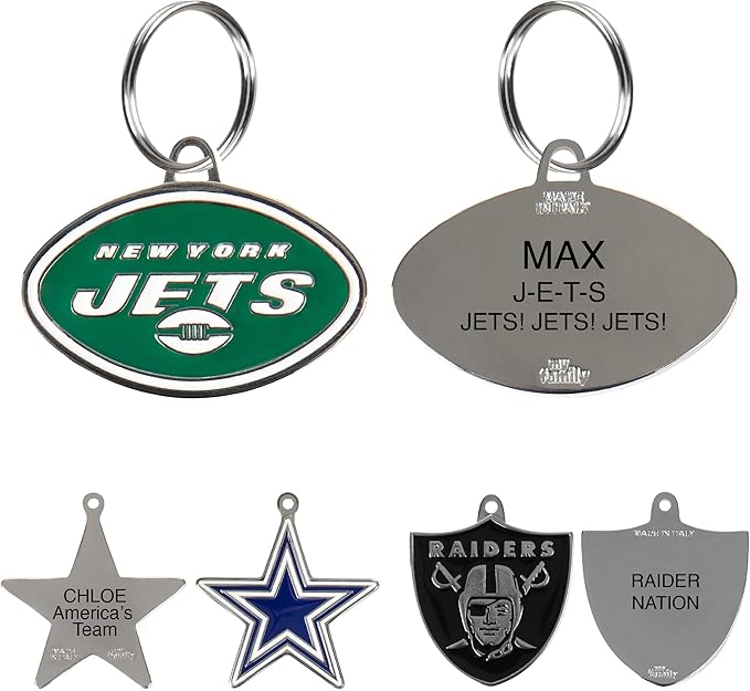NFL New York Jets Engraving Pet ID Tags in 32 Team Logo Shapes Personalized Dog Tags and Cat Tags with 3 Lines of Customizable Text for Tracking & Safety. Stainless Steel Pet ID Tracking Tags