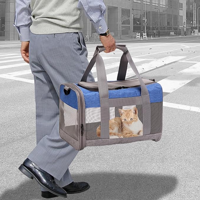 Soft Sided Pet Carrier for Cat,Airline Approved Cat Carriers Collapsible Portable Kitten Travel Crate Breathable Ventilated Grey Blue Puppy Carrying Bag Under to 12 Lb