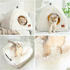 CATISM Cat Bed, Cat Cave for Indoor Cats, Soft Cat Dome, Self-Warming 2 in 1 Foldable Pet Cat House with Washable Cushioned Pillow Calming Fluffy Dog Beds for Small Dogs with Anti-Slip Bottom White