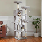 PAWZ Road 70 Inch Cat Tower, Tall Cat Tree with 2 Cozy Condos, 2 Plush Perch, Large Basket, 2 Scraching Pad & 6 Scraching Posts for Indoor Cats Large Adult, Gray