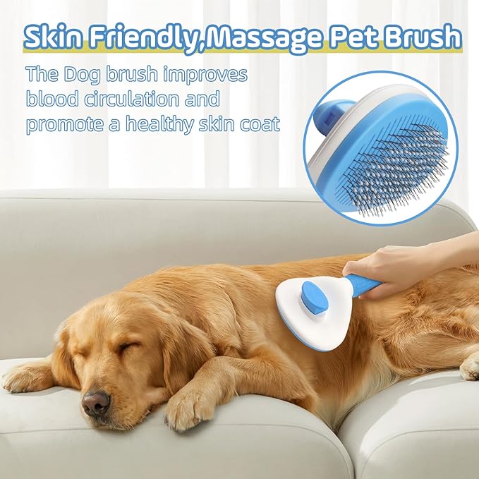 Self Cleaning Cat Brush,Slicker Dog Brush for Shedding,Skin Friendly Cat Brushes for Indoor Cats Massage Grooming,Dog Deshedding Brush for Long&Short Haired Dogs Loose Fur Hair Removal Blue