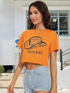 Womens Summer Crop Tops Short Sleeve Round Neck T-Shirts Loose Fit Casual Blouse