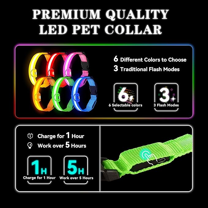 LED Light Up Dog Collar Rechargeable Waterproof, Glow in Dark Dog Collar, Lighted Dog Collars for Night Walking Charging USB, Safety for Small Medium Large Dogs (XL, Green)