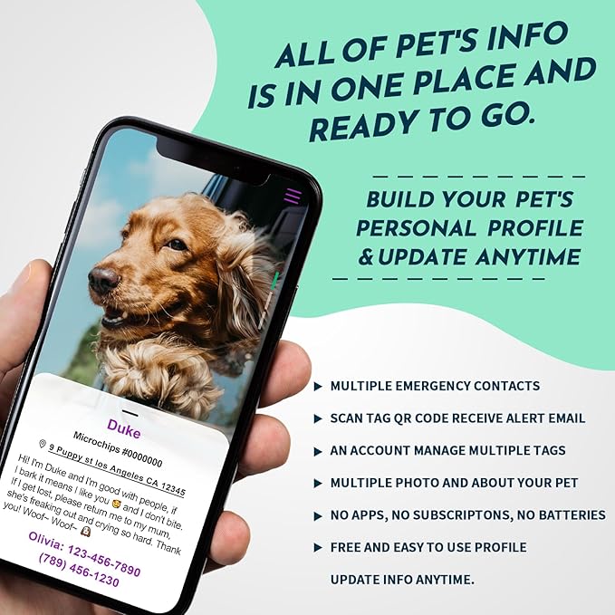 MYLUCKYTAG QR Code Stainless Steel Pet ID Tag - Personalized Dog Collar Tag With Online Profile, Location Alert Email, Digital and Engraved Options