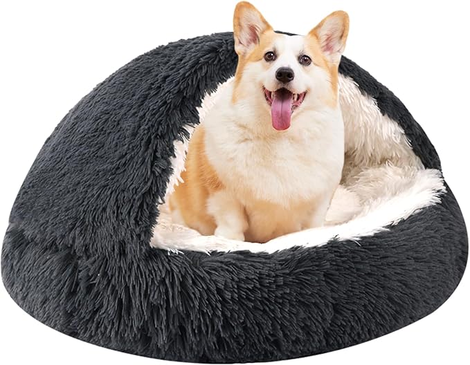 Round Hooded Cat Bed & Dog Bed with Cover Cave, Dog Bed for Small Dogs, Faux Fur Cuddler Round Coved Cat Bed Self Warming Donut Dog Bed Fits up to 5 lbs Pets(Dark Grey, 16inch x 16inch)