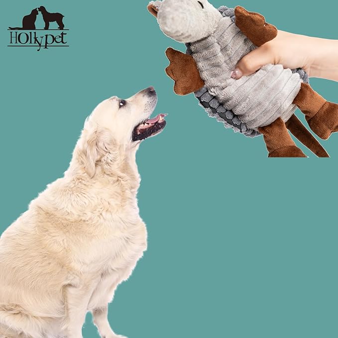 Hollypet Plush Dog Squeaky Toy Stuffed Armadillo Animal Pet Puppy Chew Toys with Clean Teeth for Small Medium Large All Breed Sizes Dogs, Dark Gray, 8 in