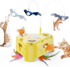 3-in-1 Automatic Cheese-Shaped Interactive Cat Toy – Flying Bird, 6-Hole Mole & Rotating Feather | USB Rechargeable Electronic Feather Toy for Indoor Adult Cats & Kittens, Relieves Boredom