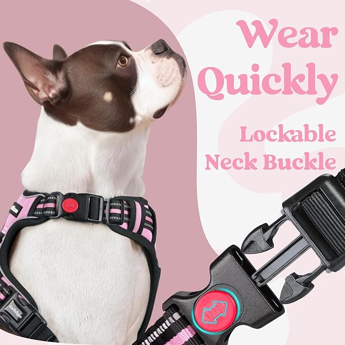 rabbitgoo Dog Harness for Large, No Pull Pet Harness with 3 Buckles, Adjustable Soft Padded Vest with Control Handle, Walking Reflective Pet Vest for Large Dogs, Pink, L