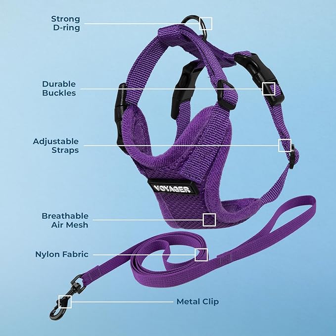 Voyager Escape-Proof Step-in Lock Cat Harness & 5ft Neoprene-Handle Leash Set All-Weather Mesh with Reflective Stitching for Small to Large Cats by Best Pet Supplies, Purple, XXXS