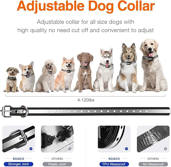 ROJECO Dog Training Collar with 3300FT Remote，IPX7 Waterproof Rechargeable Shock Collar for Large Medium Small Dogs，3 Safe Training Modes with Beep,Vibration and Shock,Adjustable Electronic Dog Collar