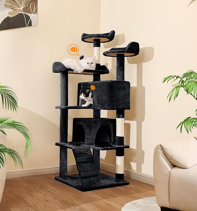 Made4Pets Cat Tree Tower 56" Cat Tower for Indoor Cats Kitten Tree Multi-Level Cat Tree with 2 Condo Furniture Activity Center with Scratching Posts Funny Toys (Black)