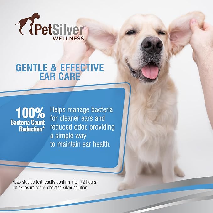 PetSilver Dog Ear Cleaner Solution – Gentle Ear Wash for Dogs and Cats with Chelated Silver – Otic Rinse Formula Targets Wax Buildup, Smelly Odor, and Itchy or Irritated Areas - Made in USA - 8 fl oz