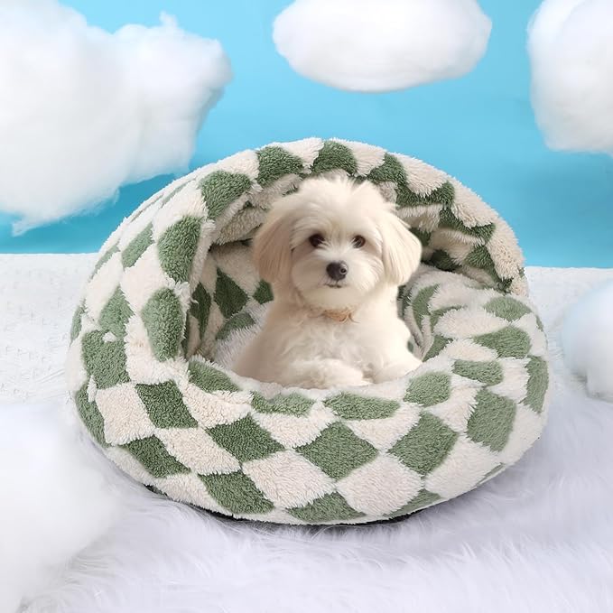 Dog Beds for Small Dogs, Cat Bed Cave, Washable Cute Cat Bed, Cozy Nook Pet Bed for Dogs or Cats, Anti-Slip Puppy Bed Fits up to 12 lbs Pets(Grid Green, 20" x 20")