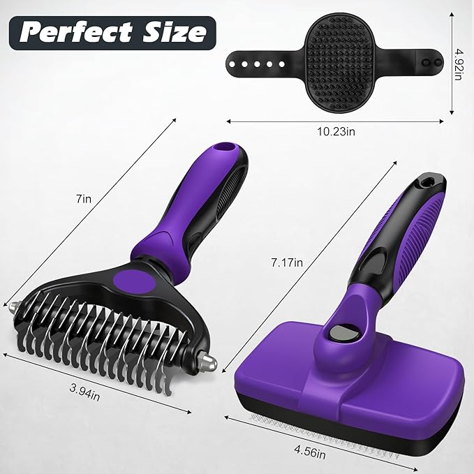 3PCS Self Cleaning Slicker Brush & Pet Grooming Rake & Bath Brush for Dogs,Cats and Horses | Double-Sided Dematting Comb & Skin Friendly Deshedding Grooming Tool | Pet Supplies (Purple Black)