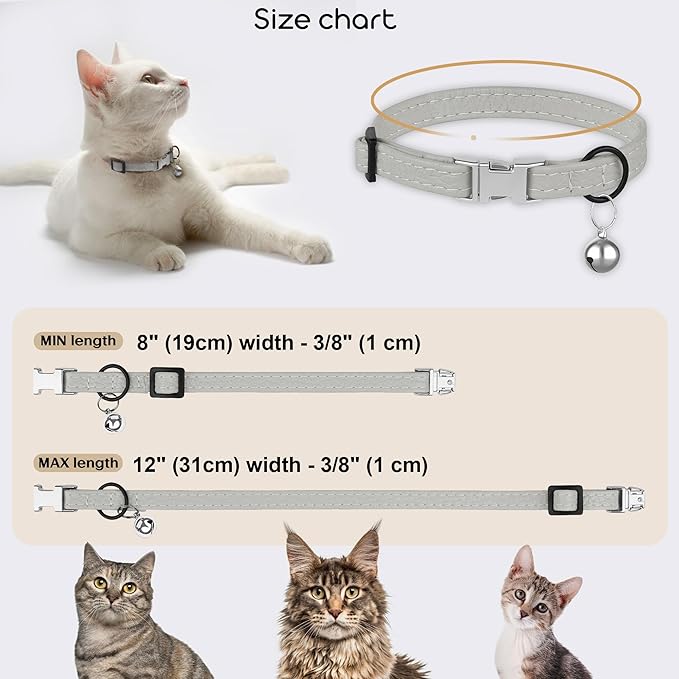 Leather Cat Collar with Buckle and Removable Bell - Non Breakaway Adjustable Soft Safety Small Pet Collars for Girl Boy Cats Kitten (Gray)