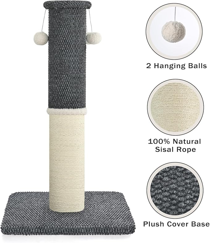 Made4Pets Tall Cat Scratching Post, Heavy Duty and Thicker Scratching Posts for Indoor Cats Adults, 23.6" Natural Sisal Cat Scratcher with Hanging Balls, Sturdy Base Cat Scratch Post, Dark Grey