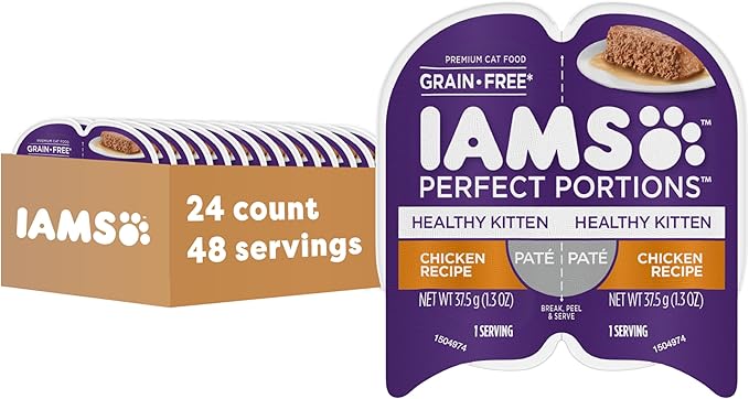 IAMS Perfect Portions Healthy Kitten Grain Free Wet Cat Food Pate, Chicken Recipe, 2.6 oz. Easy Peel Twin-Pack Trays (24 Count, 48 Servings)