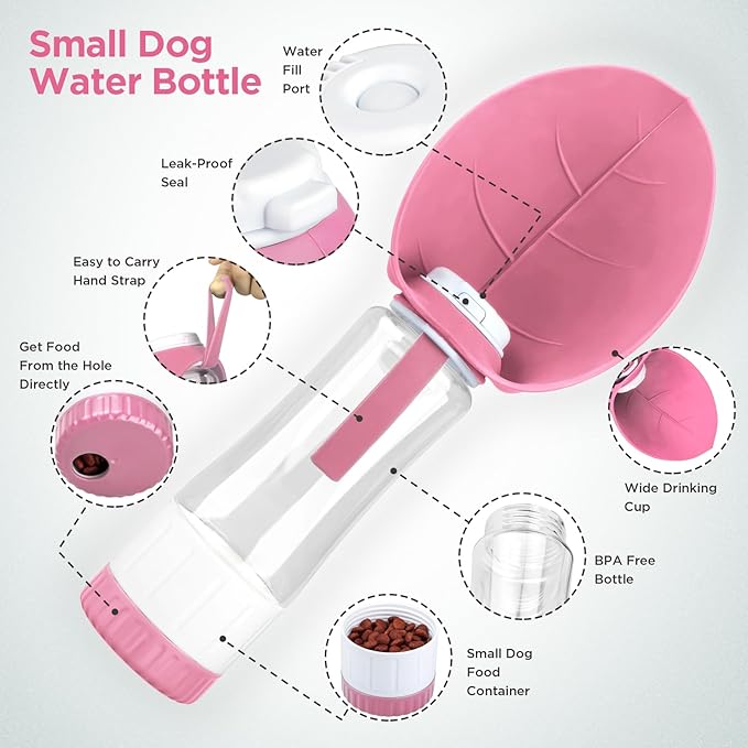 Dog Water Bottle, Pet Water Bottle with Food Container and Drinking Feeder, Leak Proof, BPA-Free, Portable Foldable Puppy Water Cup Dispenser for Outdoor Walking, Travel, Hiking Large Pink