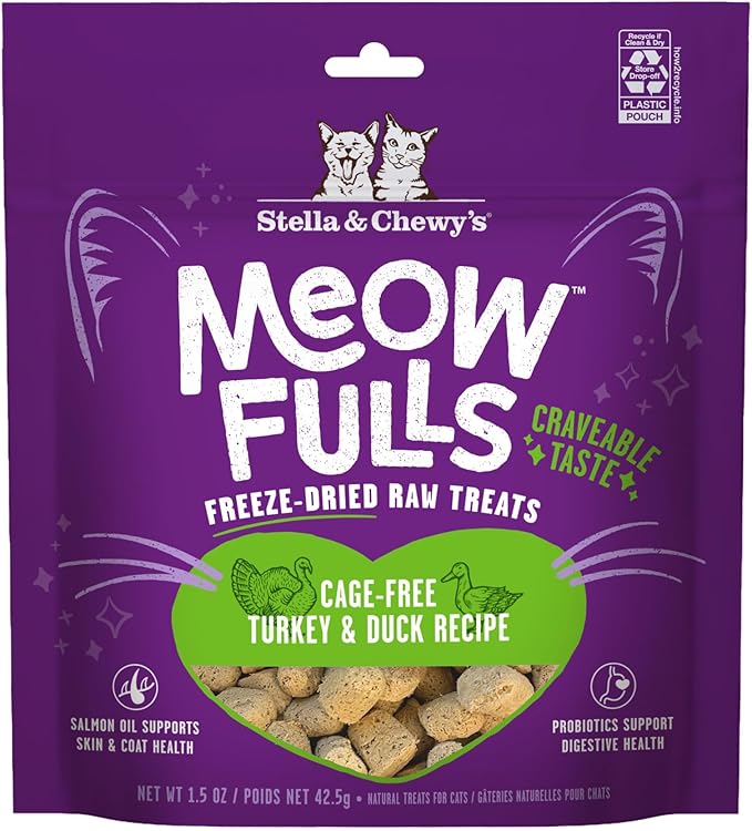 Stella & Chewy's Meowfulls Freeze Dried Cat Treats - Turkey & Duck Recipe - Raw Protein with Probiotics & Salmon Oil - 1 Calorie Per Treat - 1.5 oz