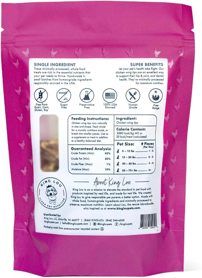 King Lou Pets - Whole Chicken Wing Tips - Dehydrated Raw Chicken Dog & Cat Treats - USA-Made - Rich in Collagen, Glucosamine, Chondroitin for Hip & Joint Health - 30 Count