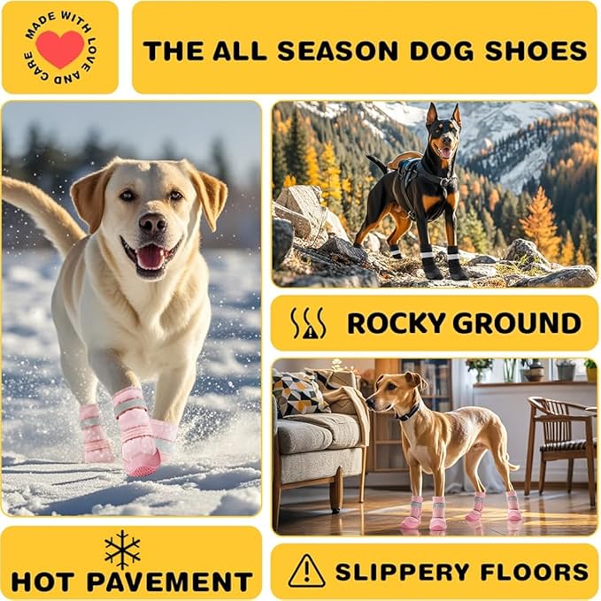 Hcpet Dog Shoes, Dog Boots & Paw Protectors for Winter Snowy Days, Rainy Weather, Outdoor Anti-Slip Sole Dog Booties for Hardwood Floor Pink-Leg 4